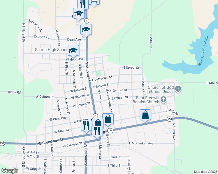 map of restaurants, bars, coffee shops, grocery stores, and more near 308 East Mound Street in Sparta