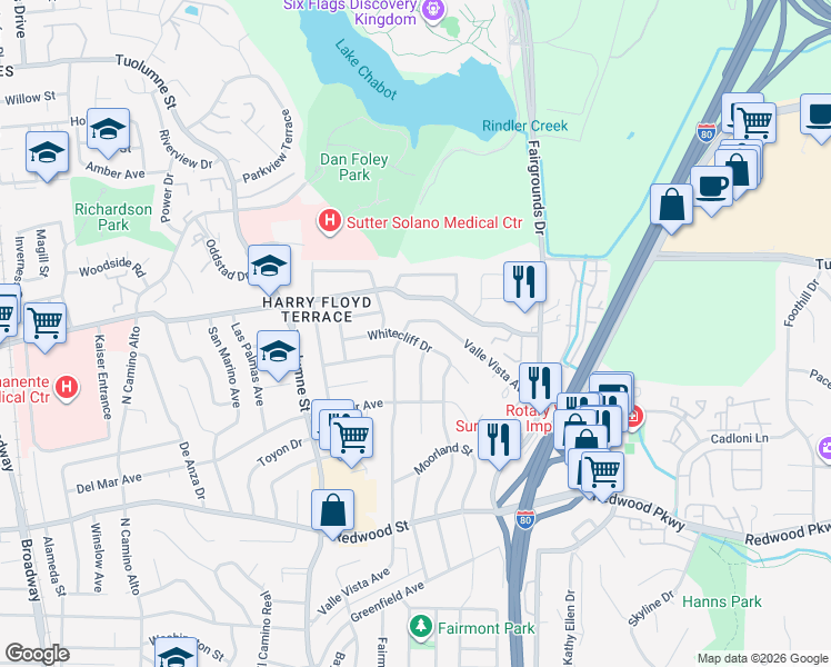 map of restaurants, bars, coffee shops, grocery stores, and more near 306 Whitecliff Drive in Vallejo