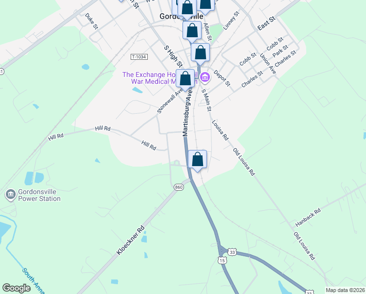 map of restaurants, bars, coffee shops, grocery stores, and more near 207 Martinsburg Avenue in Gordonsville