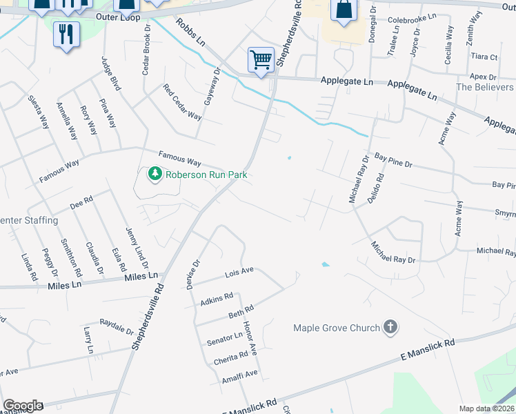 map of restaurants, bars, coffee shops, grocery stores, and more near Shepherd Crossing Drive in Louisville
