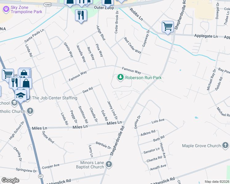 map of restaurants, bars, coffee shops, grocery stores, and more near 5217 Savannah Springs Drive in Louisville