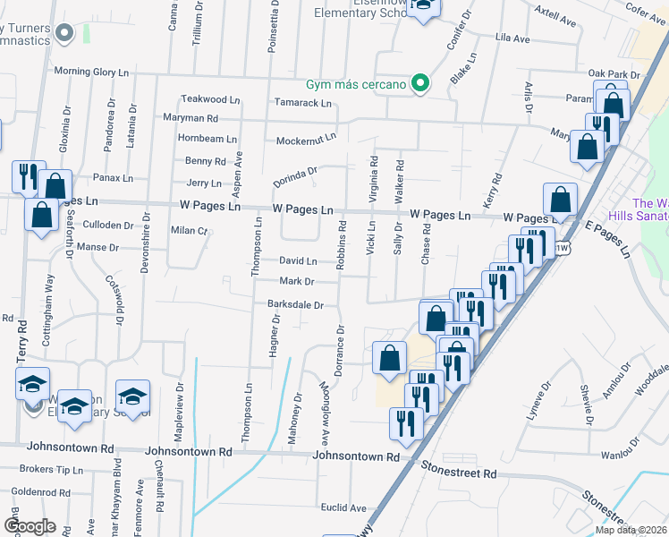 map of restaurants, bars, coffee shops, grocery stores, and more near 5546 David Lane in Louisville