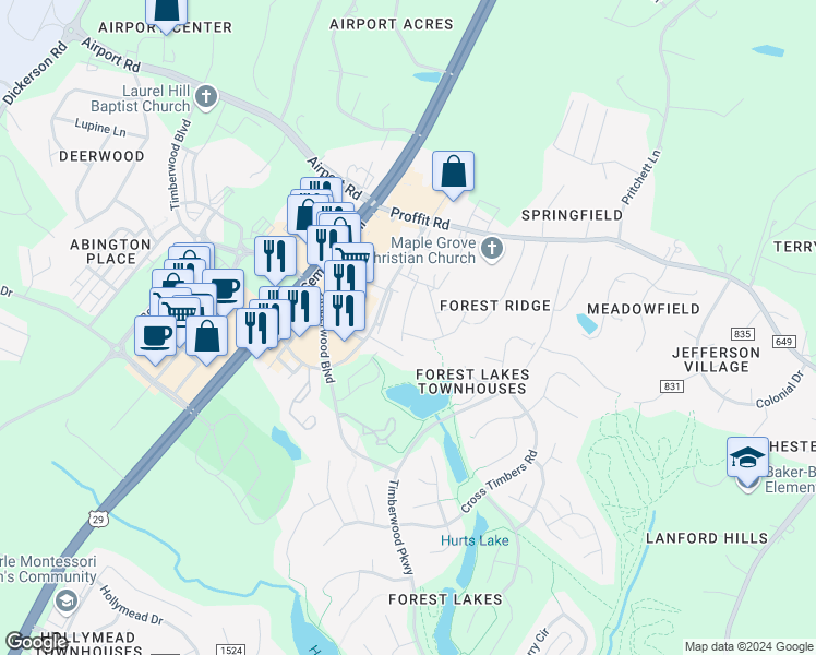 map of restaurants, bars, coffee shops, grocery stores, and more near 1405 Decatur Drive in Charlottesville