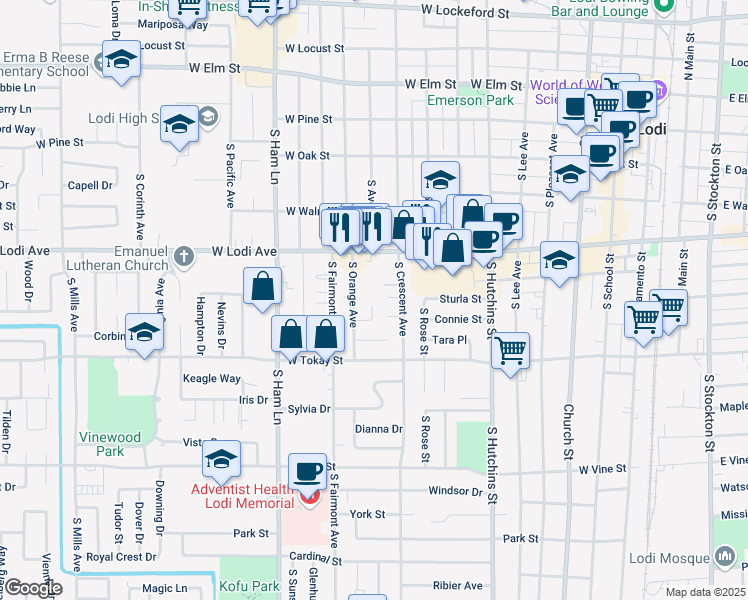 map of restaurants, bars, coffee shops, grocery stores, and more near 900 Elliot Place in Lodi