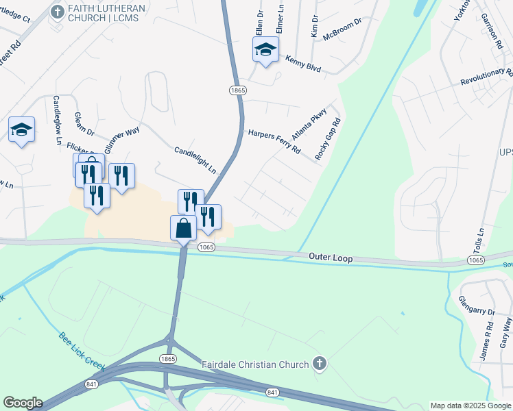 map of restaurants, bars, coffee shops, grocery stores, and more near 219 Appomattox Road in Louisville