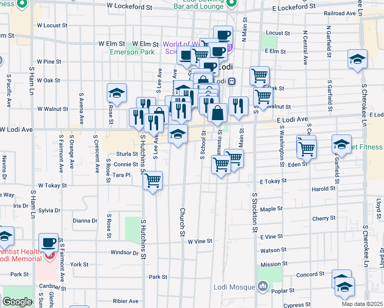 map of restaurants, bars, coffee shops, grocery stores, and more near 414 Church Street in Lodi