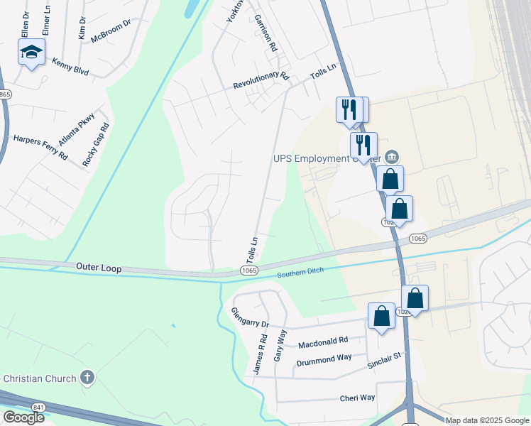map of restaurants, bars, coffee shops, grocery stores, and more near 8309 Tolls Lane in Louisville