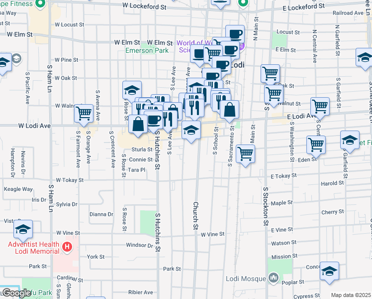 map of restaurants, bars, coffee shops, grocery stores, and more near 420 South Pleasant Avenue in Lodi