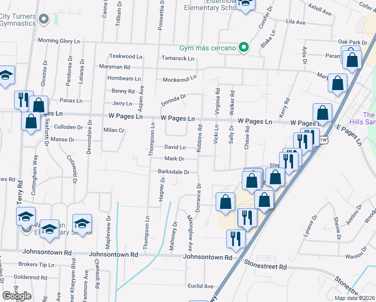 map of restaurants, bars, coffee shops, grocery stores, and more near 5546 David Lane in Louisville