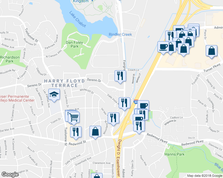 map of restaurants, bars, coffee shops, grocery stores, and more near 1923 Sereno Drive in Vallejo