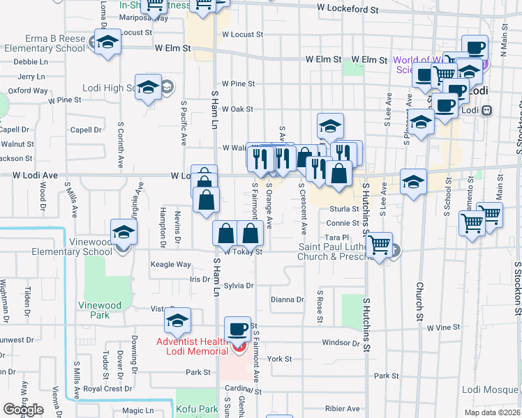 map of restaurants, bars, coffee shops, grocery stores, and more near 400 South Fairmont Avenue in Lodi