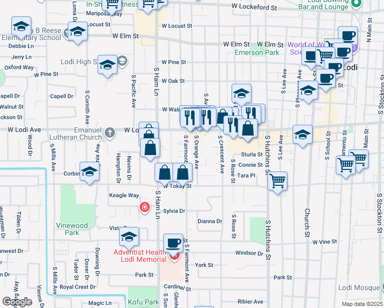 map of restaurants, bars, coffee shops, grocery stores, and more near 400 South Fairmont Avenue in Lodi