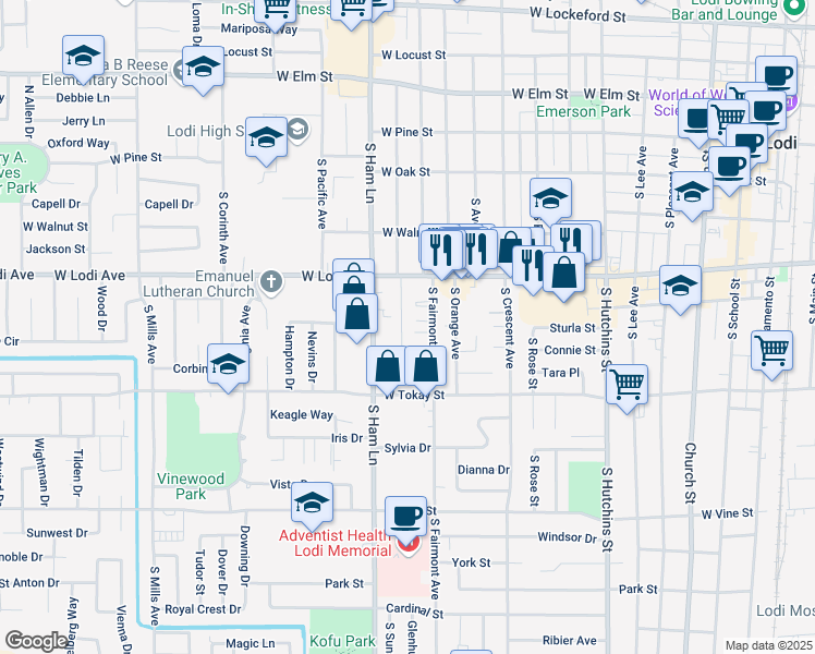 map of restaurants, bars, coffee shops, grocery stores, and more near 338 South Sunset Drive in Lodi