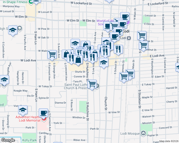 map of restaurants, bars, coffee shops, grocery stores, and more near 418 South Lee Avenue in Lodi