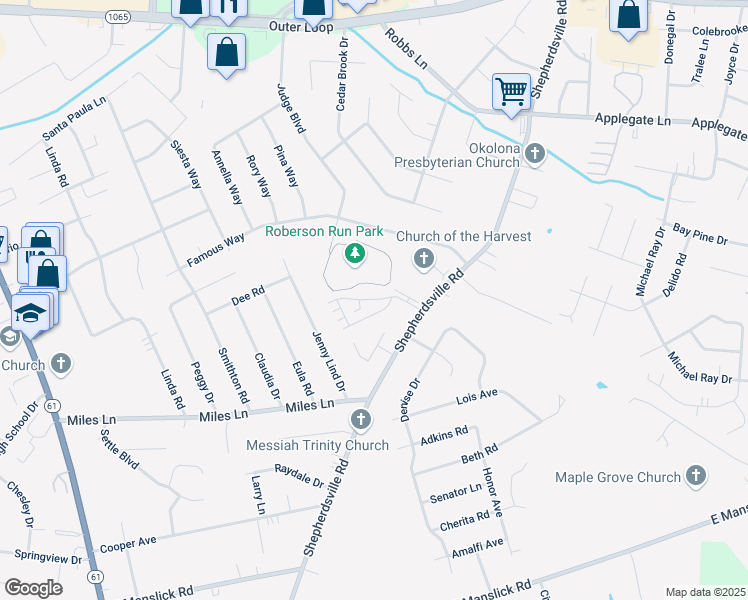 map of restaurants, bars, coffee shops, grocery stores, and more near 5229 Savannah Springs Drive in Louisville