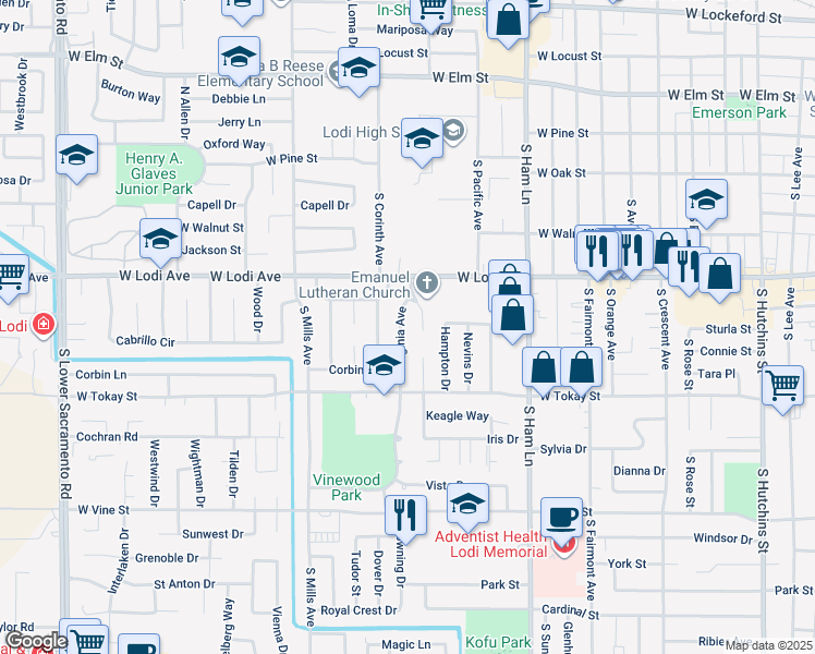 map of restaurants, bars, coffee shops, grocery stores, and more near 430 Virginia Avenue in Lodi