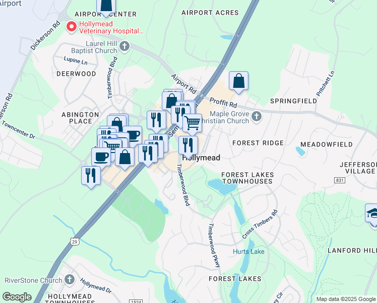 map of restaurants, bars, coffee shops, grocery stores, and more near 1762 Timberwood Boulevard in Charlottesville
