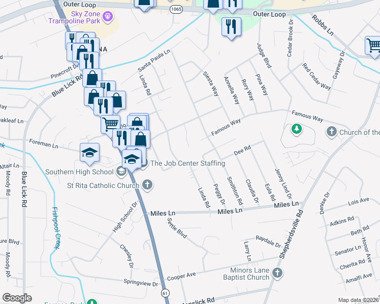 map of restaurants, bars, coffee shops, grocery stores, and more near 8416 Lou Court in Louisville
