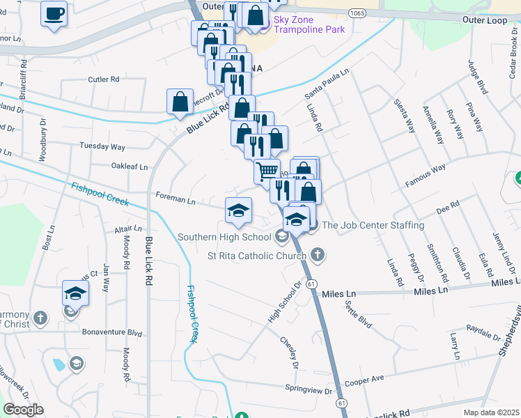 map of restaurants, bars, coffee shops, grocery stores, and more near 4209 Foreman Lane in Louisville