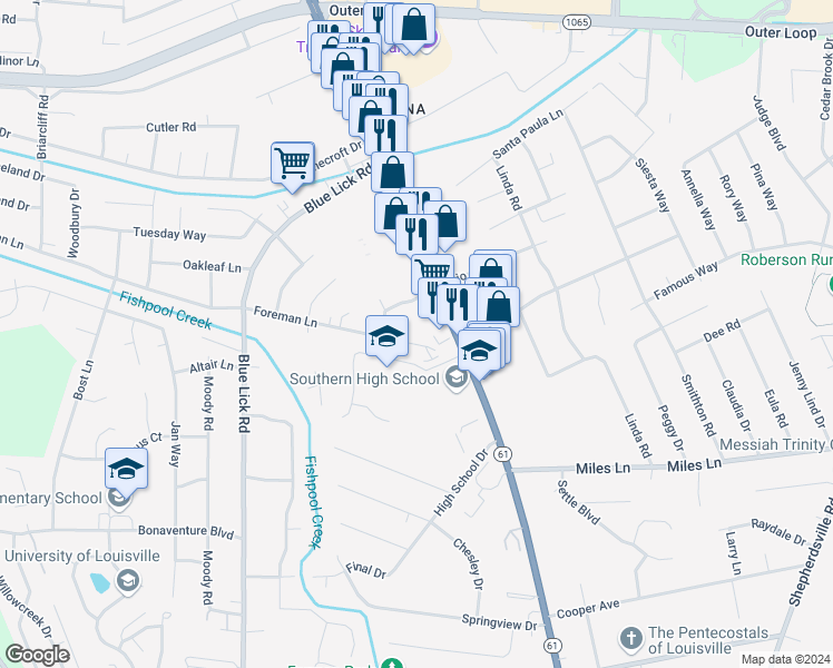 map of restaurants, bars, coffee shops, grocery stores, and more near 4209 Foreman Lane in Louisville