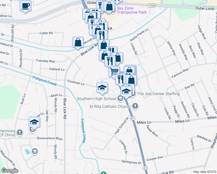 map of restaurants, bars, coffee shops, grocery stores, and more near 4209 Foreman Lane in Louisville