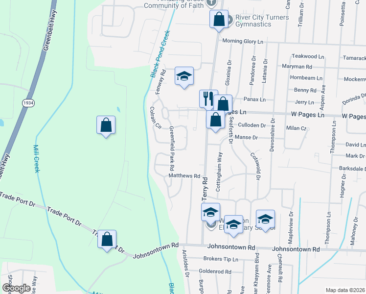 map of restaurants, bars, coffee shops, grocery stores, and more near 7118 Shutesbury Circle in Louisville