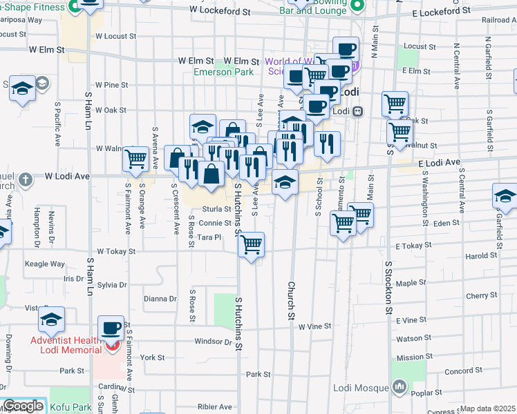 map of restaurants, bars, coffee shops, grocery stores, and more near 418 South Lee Avenue in Lodi