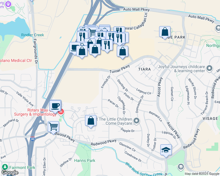 map of restaurants, bars, coffee shops, grocery stores, and more near 132 Morgan Ct in Vallejo