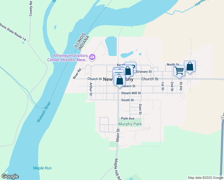 map of restaurants, bars, coffee shops, grocery stores, and more near 419 Tavern Street in New Harmony