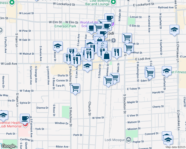 map of restaurants, bars, coffee shops, grocery stores, and more near 414 Church Street in Lodi