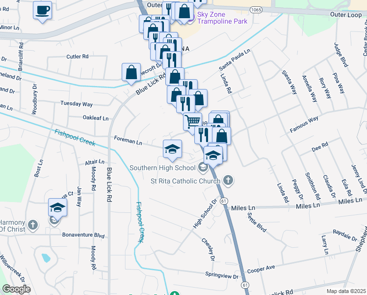 map of restaurants, bars, coffee shops, grocery stores, and more near 4209 Foreman Lane in Louisville