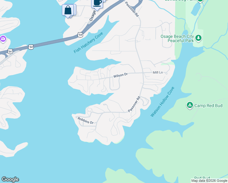 map of restaurants, bars, coffee shops, grocery stores, and more near 762-844 Timberline Lane in Osage Beach