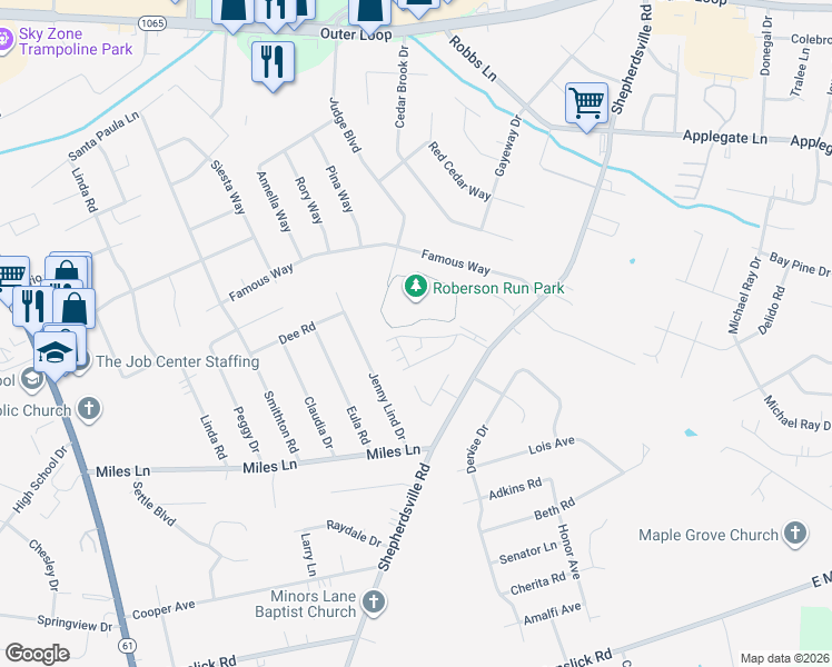 map of restaurants, bars, coffee shops, grocery stores, and more near 5217 Savannah Springs Drive in Louisville