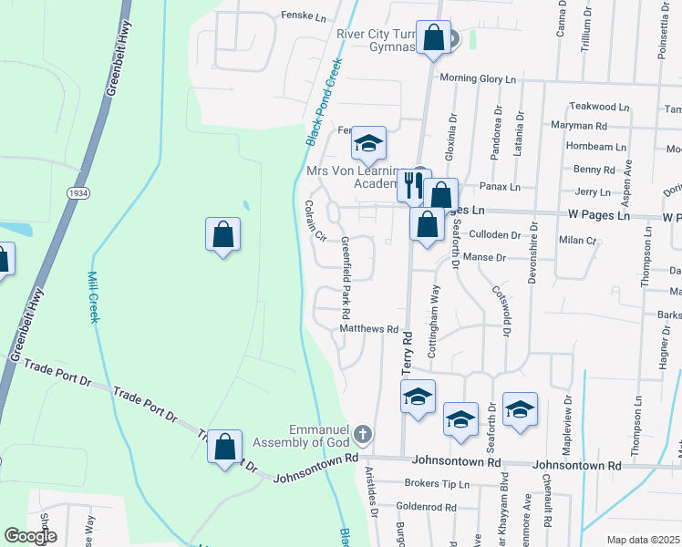 map of restaurants, bars, coffee shops, grocery stores, and more near 6704 Leverett Lane in Louisville