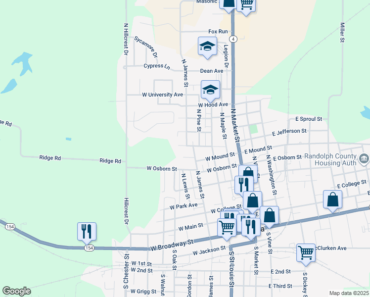 map of restaurants, bars, coffee shops, grocery stores, and more near 404 West Madison Street in Sparta