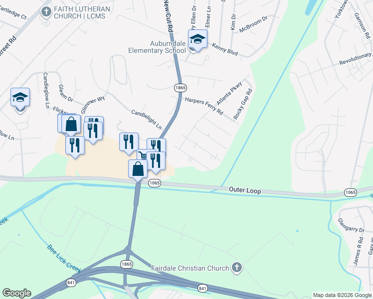 map of restaurants, bars, coffee shops, grocery stores, and more near 219 Appomattox Road in Louisville