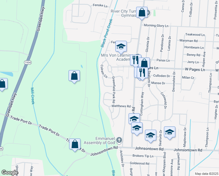 map of restaurants, bars, coffee shops, grocery stores, and more near 6704 Leverett Lane in Louisville