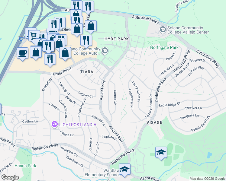 map of restaurants, bars, coffee shops, grocery stores, and more near 2150 Garnet Circle in Vallejo