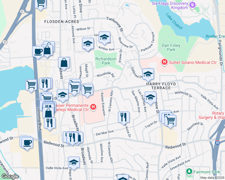 map of restaurants, bars, coffee shops, grocery stores, and more near 900 Sereno Drive in Vallejo
