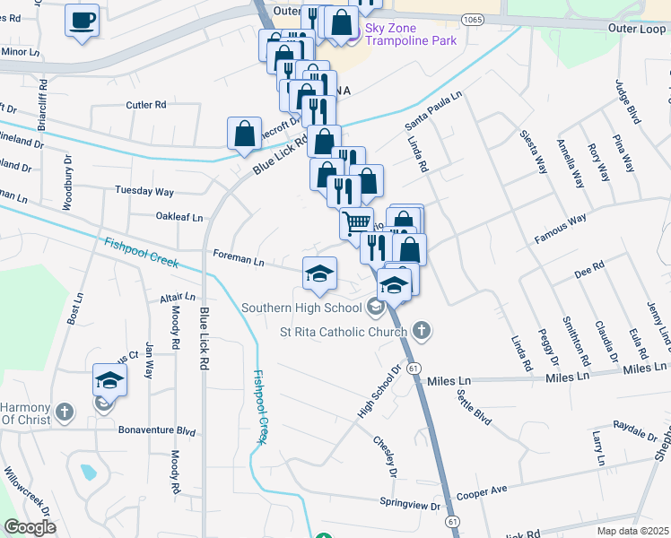 map of restaurants, bars, coffee shops, grocery stores, and more near 4209 Foreman Lane in Louisville