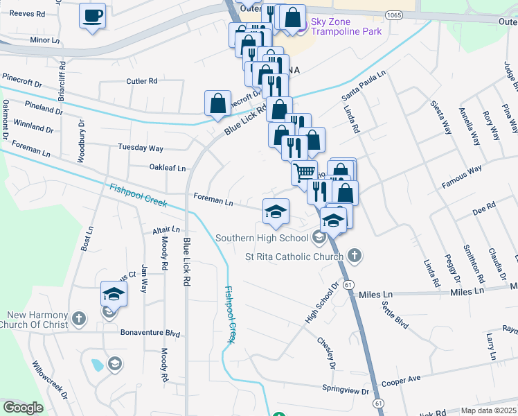 map of restaurants, bars, coffee shops, grocery stores, and more near 4117 Foreman Lane in Louisville
