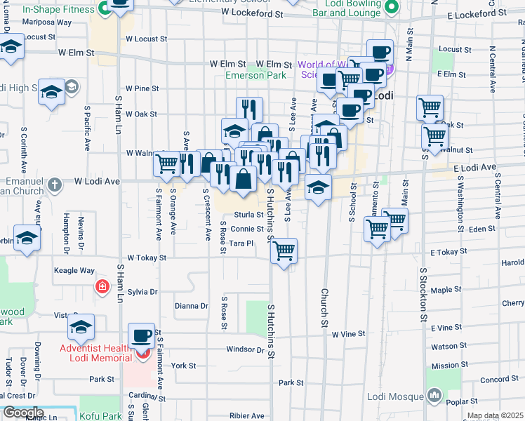 map of restaurants, bars, coffee shops, grocery stores, and more near 507 Sturla Street in Lodi
