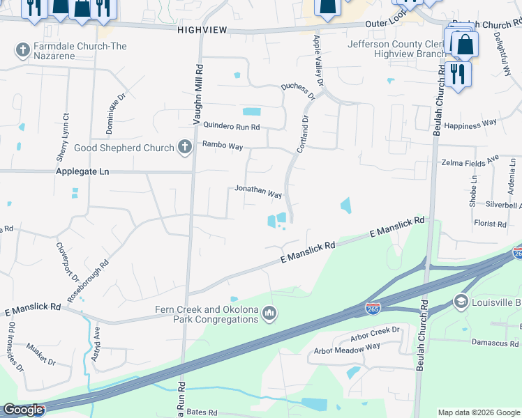 map of restaurants, bars, coffee shops, grocery stores, and more near 7406 Beauty Court in Louisville