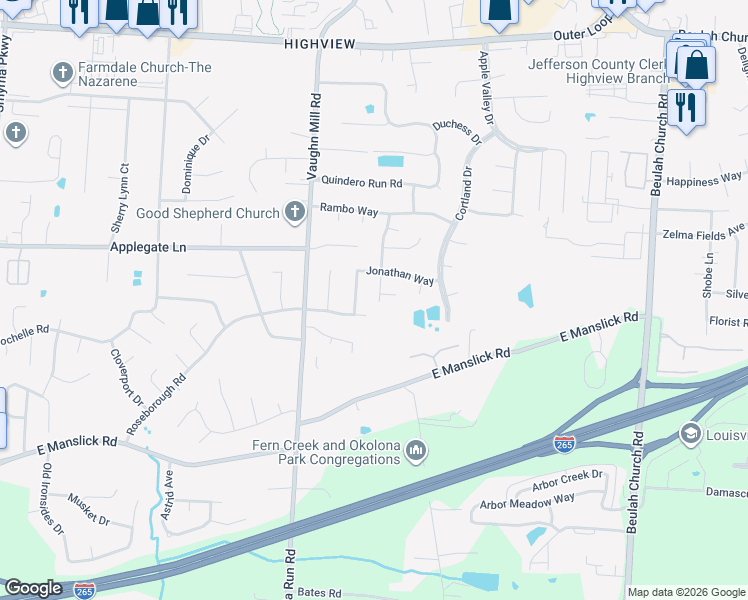 map of restaurants, bars, coffee shops, grocery stores, and more near 8208 Rome Beauty Way in Louisville