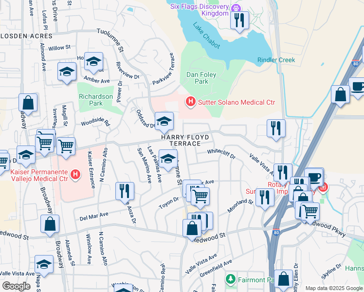 map of restaurants, bars, coffee shops, grocery stores, and more near 351 Los Cerritos Drive in Vallejo