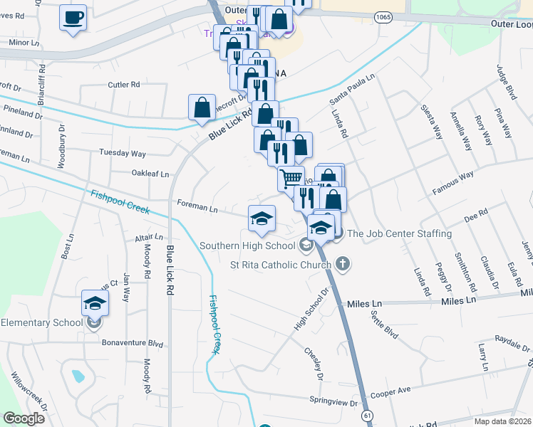 map of restaurants, bars, coffee shops, grocery stores, and more near 4203 Foreman Lane in Louisville
