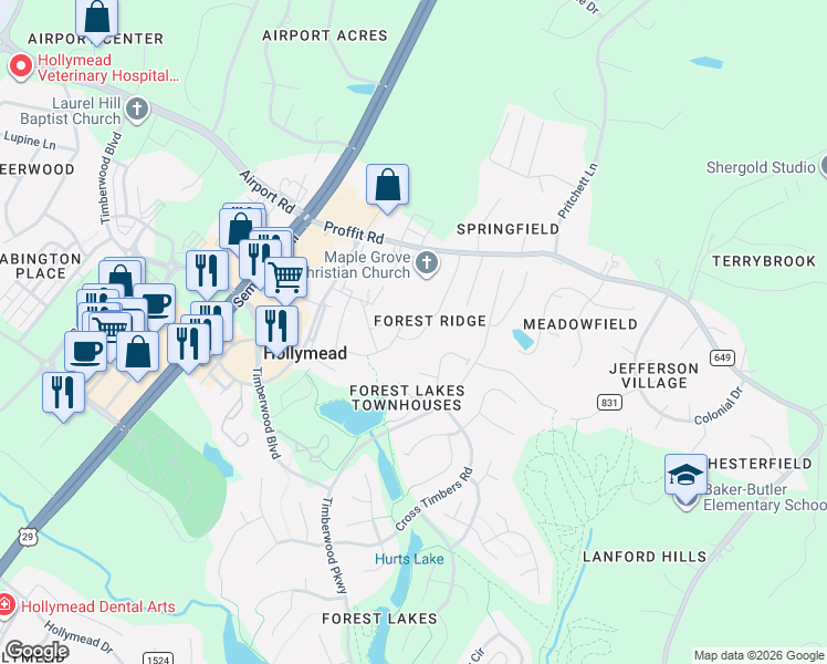 map of restaurants, bars, coffee shops, grocery stores, and more near 3387 Moubry Lane in Charlottesville
