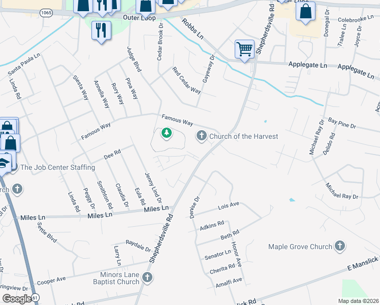 map of restaurants, bars, coffee shops, grocery stores, and more near 5237 Savannah Springs Drive in Louisville