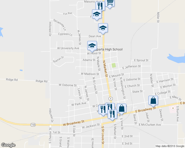 map of restaurants, bars, coffee shops, grocery stores, and more near 206 West Madison Street in Sparta