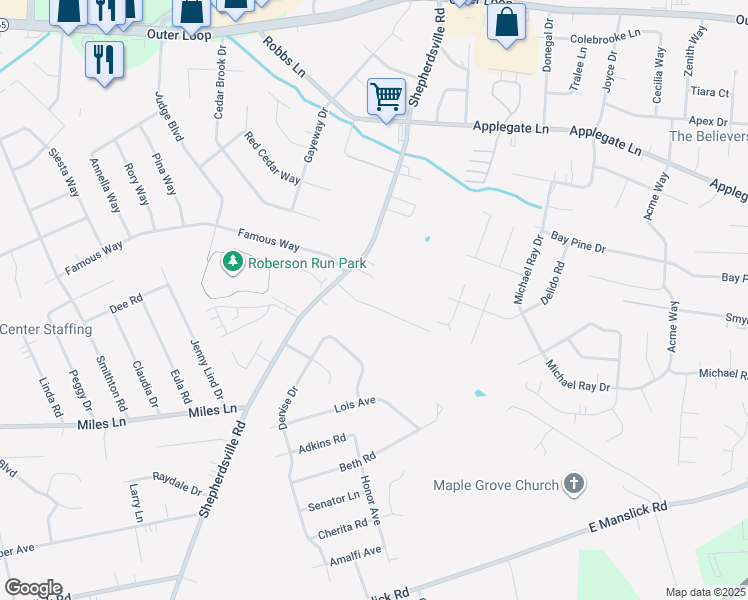 map of restaurants, bars, coffee shops, grocery stores, and more near 5807 Shepherd Crossing Drive in Louisville